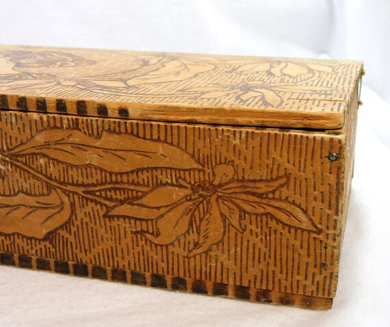 Antique Pyrography Wood Trinket Glove Box & 2 Pai… - image 6