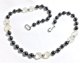 Heavy Black Beaded Necklace: Frosted Glass & Silver Tone, 22" Long -N10