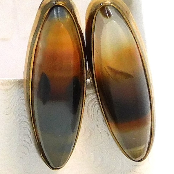 Men's Vintage Cufflinks Gold Toned Metal Polished Oval Montana Agate Fronts .75" Long T Bar Backs -M3