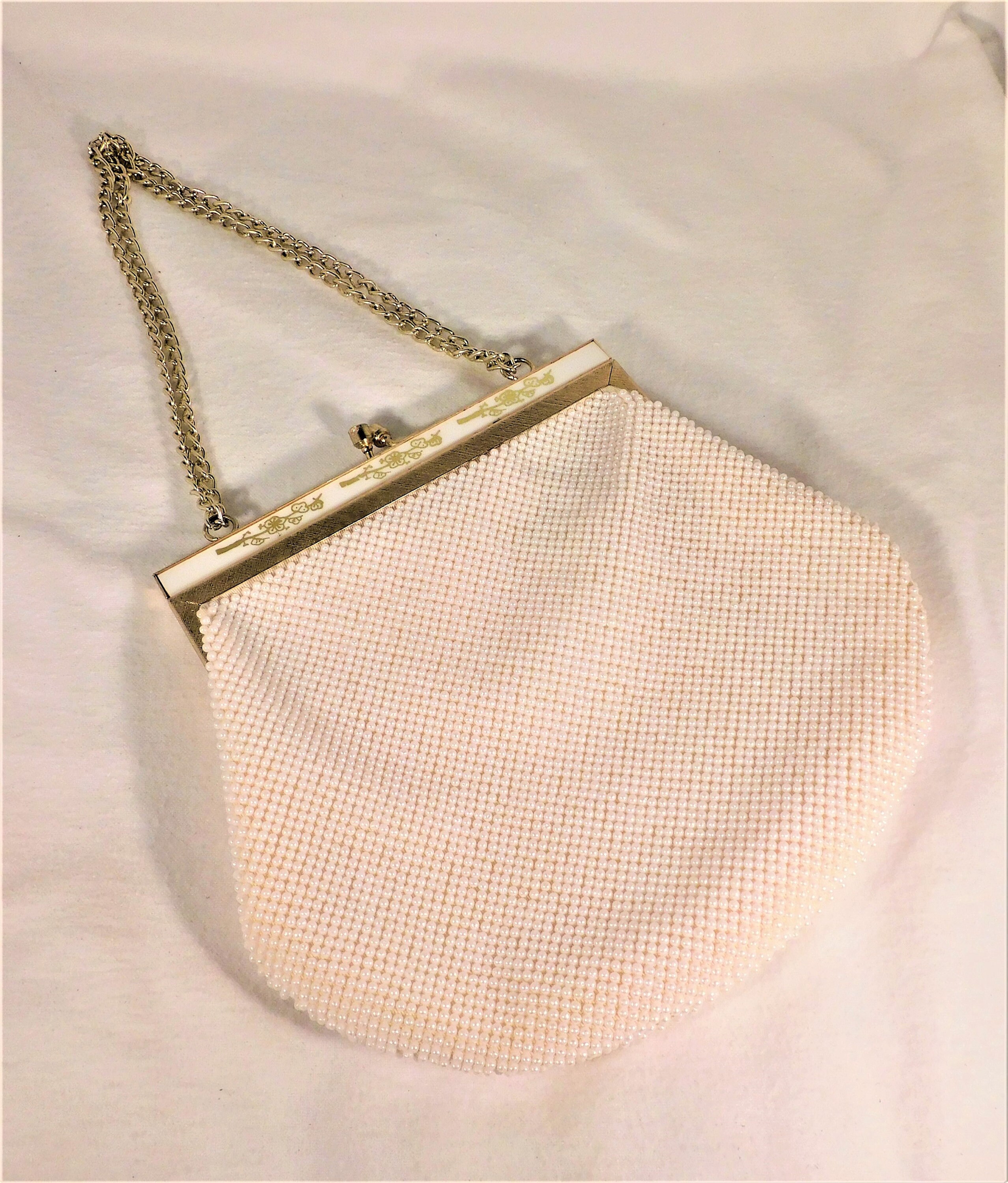 Embroidered Beaded White Floral Evening Bag Purse Gold tone frame
