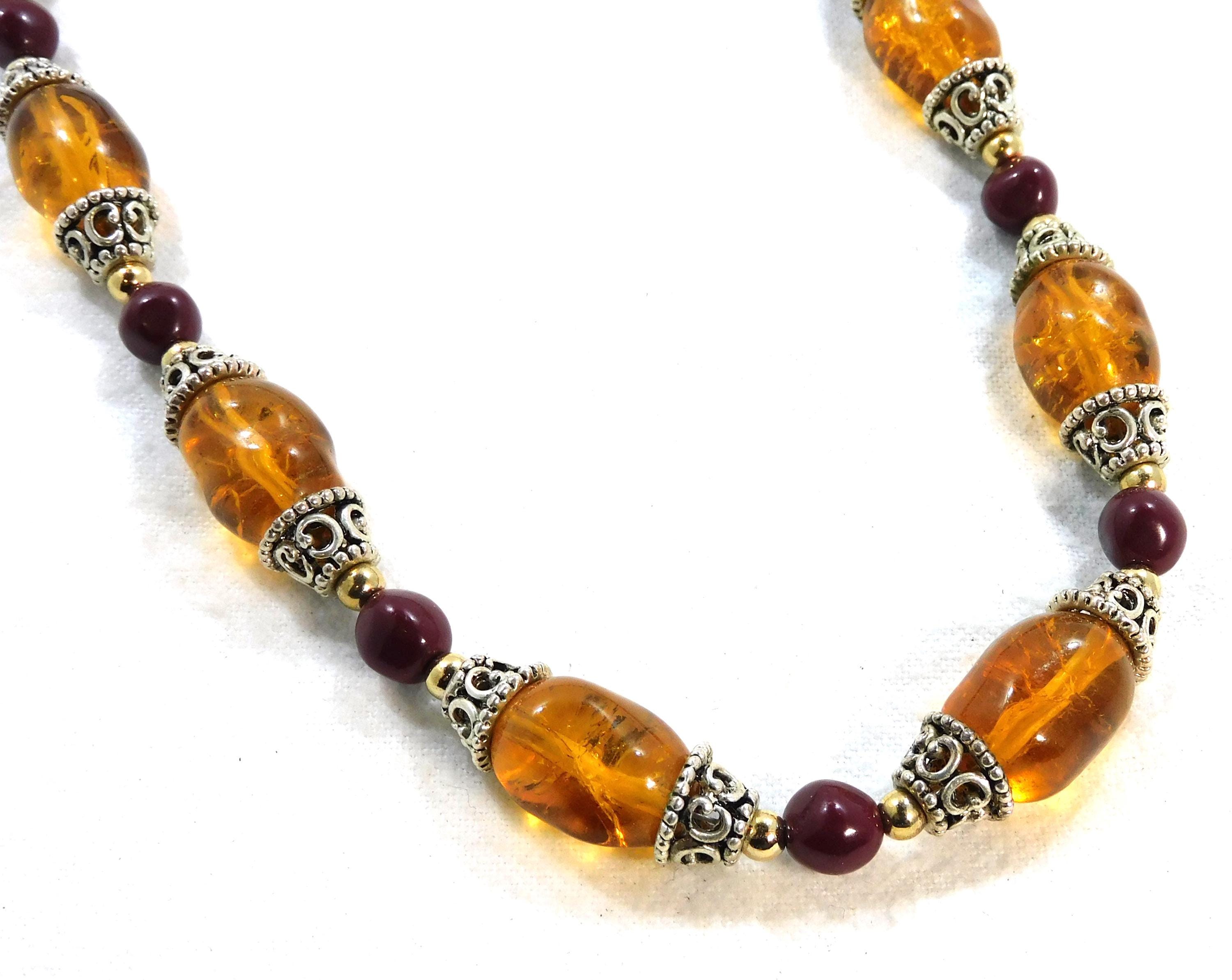 Vintage Necklace Dark Yellow Plastic Irregular Shaped Beads Silver Toned Metal End Caps Brown Round Bead Spacers Toggle Clasp Heavy 18" -N71