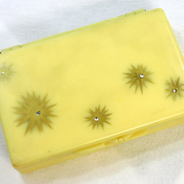 MCM Plastic Keenex Box Travel Purse Size Yellow Starburst Top Unused 4.5" x 3" Hinged Lid Hong Kong Sticker