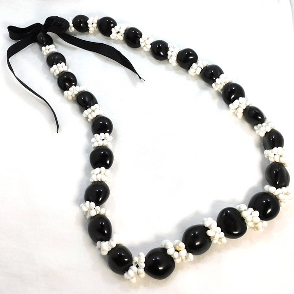 Vintage Hawaiian Black Kukui Nut & White Mongo Shell Necklace Lei Black Ribbon 32" Long Polynesian Boho Jewelry
