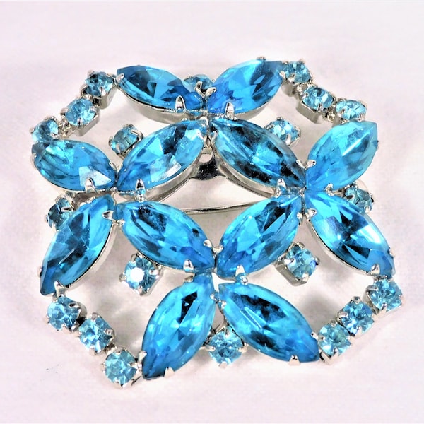 MCM Blue Rhinestone Brooch Pin Prong Set Navette Glass Stones Silver Tone Metal 1.25" Square Vintage 1950s Jewelry -Br17