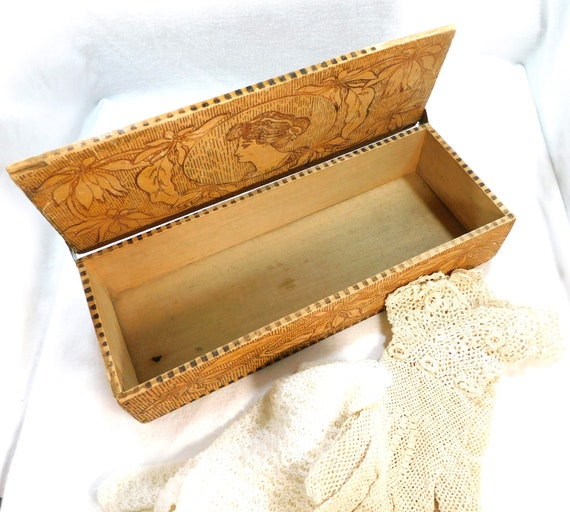 Antique Pyrography Wood Trinket Glove Box & 2 Pai… - image 3