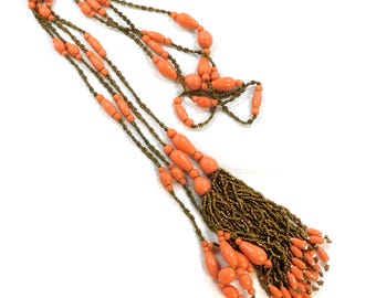 Vintage 1920s Flapper Necklace: Orange Plastic & Copper Tassel Lariat