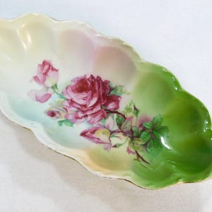 Antique Porcelain Trinket Dish: Pink Roses, Scalloped Edge, Vanity Decor