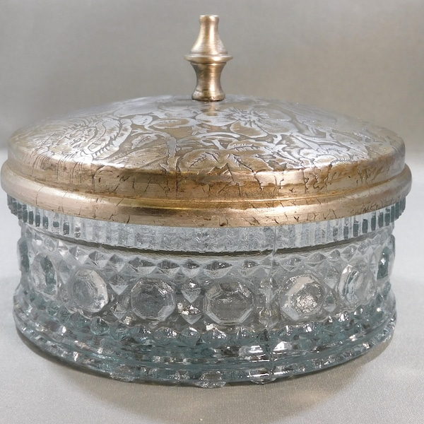 Vintage Trinket Powder Vanity Jar Box Metal Lid Heavy Glass Base Button Design Sides 3.5" Tall 4.25" Across Vanity Dresser Decor