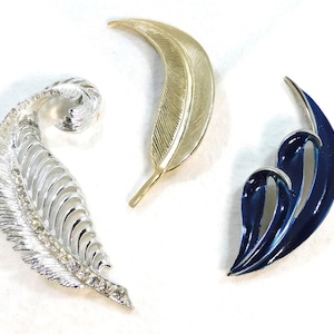 Vintage Lot 3 Different Feather Type Pins Brooches Silver Rhinestone Gold & Black Enamel 2.5-2.75&quot; Tall Unsigned Costume Jewelry -Br61