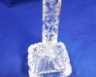 Vintage Clear Rose Cut Stoppered Perfume Bottle: Square Base, Stopper DAMAGE