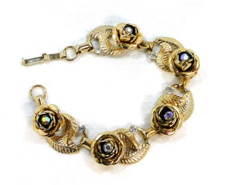 Vintage Gold Toned Metal Rose Link Bracelet: Iridescent Rhinestone Accents -Ba18