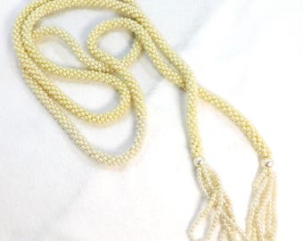 Vintage Off White Faux Pearl Beaded Lariat Style Necklace: 50" Long Tassel Ends -N85