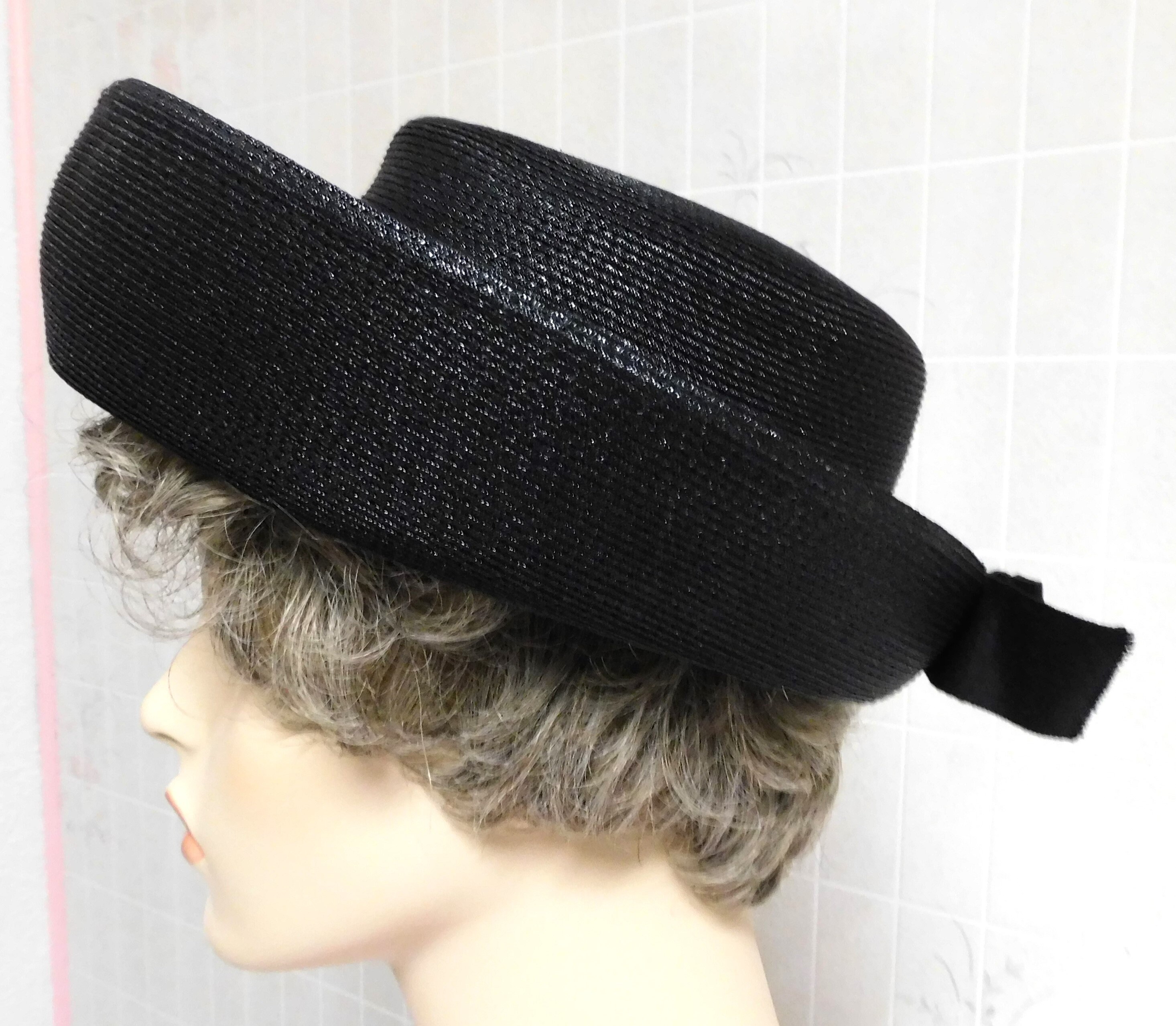 Vintage Black Straw Ladies Hat: Evelyn Varon MCM Rolled Brim 