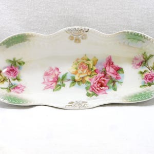 Antique Porcelain Oval Trinket Dish Large Pink Yellow Roses Base Scalloped Green Embossed Edges Gold Accents 9&quot; Long 4&quot; Wide Dresser Use