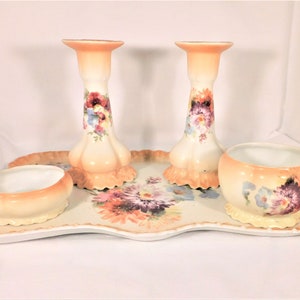 Antique Austrian Porcelain Dresser Set 5 Pcs Tray Pair Candle Holders 2 Boxes No Lids Pale Orange Border Purple Flowers Vanity Dresser Decor