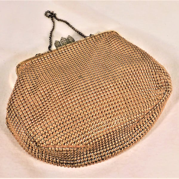 Vintage Evening Bag Gold Toned Metal Mesh Brass Chain & Metal Kiss Closure Interior Yellow Satin Pocket Josef Signed Mirror