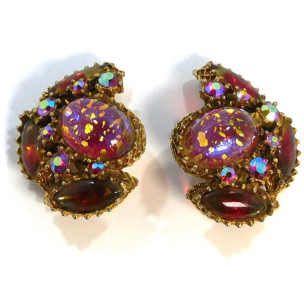 MCM Clip Style Earrings Red Rhinestone & Glass Prong Set Stones Gold Toned Settings Unsigned 1.5" Tall Vintage Costume Jewelry -E33