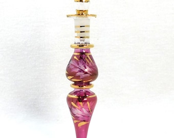 Egyptian 6.5" Tall Glass Perfume & Stopper: Red with Gold Trim, White Leaves