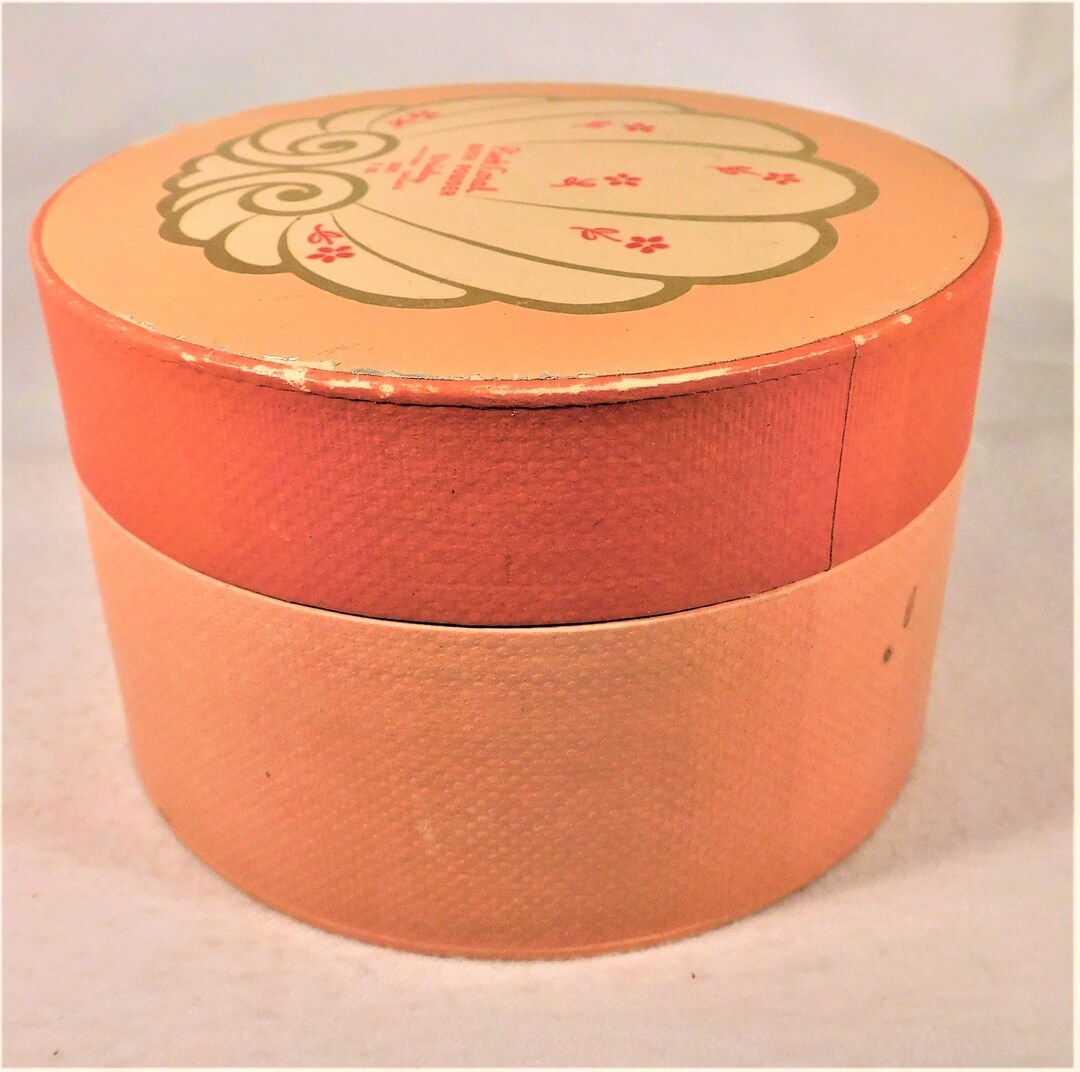Vintage MCM Wrisley Pink Coral Bath Powder Box Full Round Cardboard