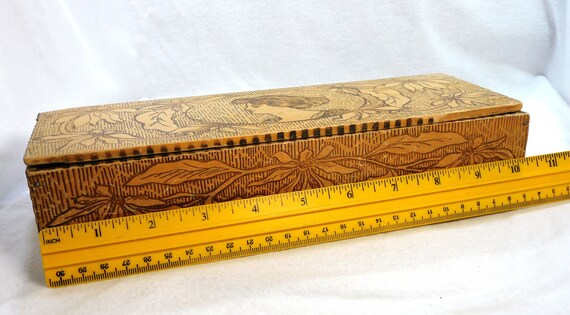Antique Pyrography Wood Trinket Glove Box & 2 Pai… - image 9