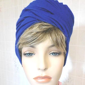 Vintage Joseph Magnin Labeled Ladies Turban Style Hat Blue Fabric Stretchy 22&quot; Inside Band Circumference MCM Womans Millinery