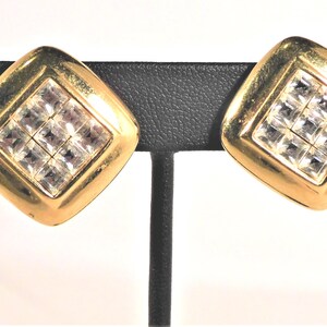 Vintage Premier Rhinestone Clip On Earrings: Gold Toned Diamond Statement Jewelry -E17