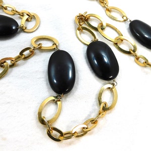 Monet Tagged Long Gold Toned Loop Chain Necklace & Black Plastic Oval Spacers 38" Long No Clasp Vintage Costume Jewelry -N53