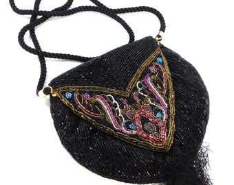 Vintage Beaded Evening Bag: Black Multicolor Designed Flap, Shoulder Cord