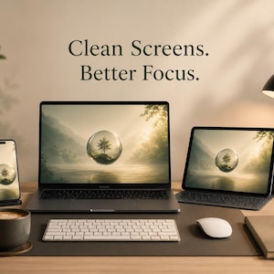 May include: A contemporary desk setup with a laptop, tablet, and smartphone, each showing a nature-inspired screensaver. A coffee cup, keyboard, and mouse are also present. The text "Clean Screens. Better Focus." is displayed.
