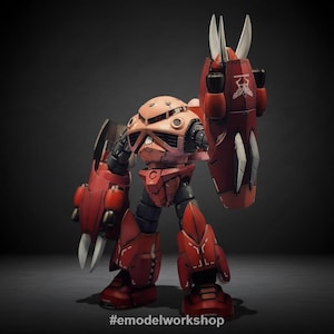 Puede incluir: Modelo detallado de un robot rojo y melocotón con un gran escudo y manos con forma de garra. El robot tiene un diseño detallado con piezas mecánicas visibles y está posado sobre un fondo oscuro. El texto "#emodelworkshop" está en la parte inferior.