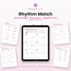 Może przedstawiać: Cyfrowy tablet wyświetlający arkusz ćwiczeń Rhythm Match zatytułowany Add the Beats, otoczony czterema wydrukowanymi stronami edukacji muzycznej. Strony zawierają nuty, pauzy i ćwiczenia rytmiczne oparte na matematyce z czarnym tekstem.