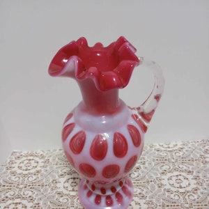 Vintage Fenton Coin Dot Cranberry Pink Glass Ruffled 8 3/4&quot; Pitcher