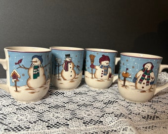 Vintage 1997 Snowman Serenade by Meiwa Cambridge Potteries Snowman Birdhouse Mugs - Set of 4