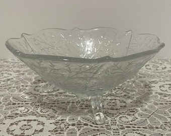 Vintage Clear Etched Glass 3-footed Candy Dish