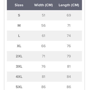 Op de afbeelding: Maattabel met breedte- en lengtemaat in centimeters voor maten S tot en met 5XL.