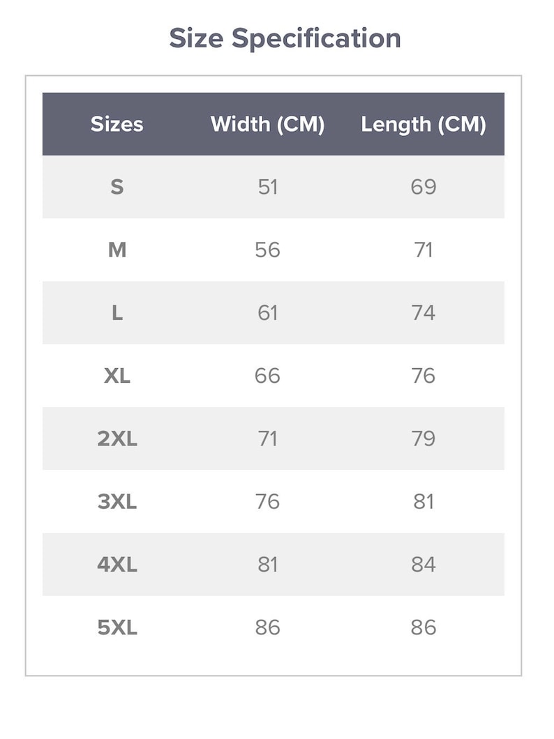 Op de afbeelding: Maattabel met breedte- en lengtemaat in centimeters voor maten S tot en met 5XL.