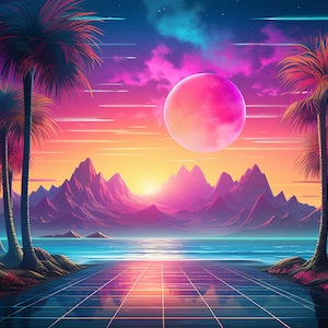 Puede incluir: Una ilustración digital de un paisaje retrofuturista con palmeras, montañas y una gran luna rosa en el cielo. La escena está bañada por una luz cálida y colorida, creando una atmósfera de ensueño y surreal.