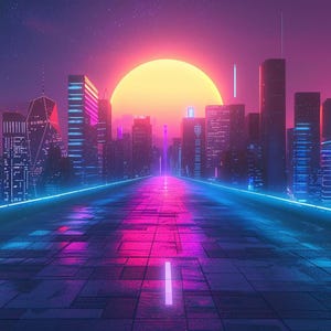 May include: A futuristic cityscape with tall buildings illuminated in neon blue and pink light. A long, empty road leads towards a large, orange sun setting in the distance.