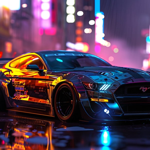 Desktop Wallpaper | Desktop Background | Sports Car | Mustang | Cyberpunk | Gaming | Computer Wallpaper | Digital Download | 1080p 1440p 4k