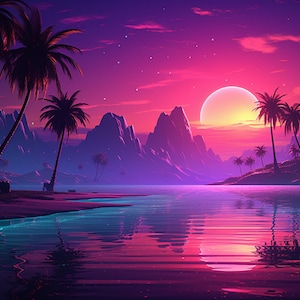 Op de afbeelding: Een digitale illustratie van een tropisch eiland met palmbomen, bergen en een grote, gloeiende maan in een roze en paarse lucht. Het water is helderblauw en reflecteert de kleuren van de lucht.