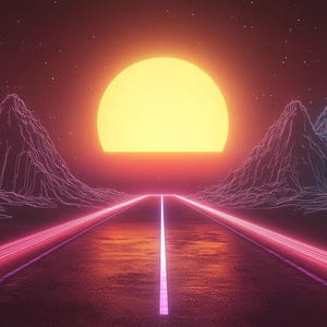 May include: A retro-style digital landscape with a bright yellow sun setting over a highway with pink and blue neon lights. The mountains in the background are made of a wireframe design.