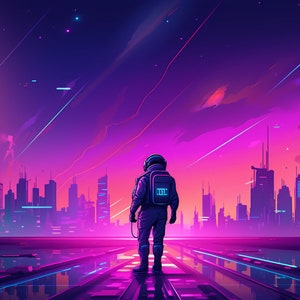 May include: An astronaut in a futuristic city with a large planet in the background. The city is lit up in neon colors and the sky is a vibrant purple and pink.