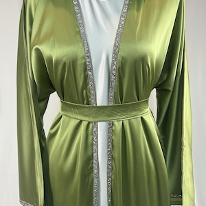 4 piece abaya set, Green satin abaya, elegant abaya for women, ladies abaya wear, fancy abaya, satin abaya, green abaya for event