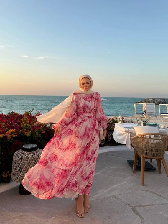 Pink Floral Maxi Dress: Modest Chiffon Long Sleeve Summer Dress