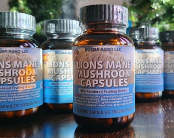 30 count Lions Mane Capsules - 250mg | 7500mg per Glass Bottle | 100% Freshly Dried Fruiting Body Powder | NO EXTRACT | Made in USA