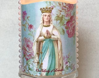 Our Lady of Lourdes Flameless Votive Candle, Prayer Candle, LED Candle, Catholic Gift, Nightlight, Vintage BVM, Prayer Altar, Decor