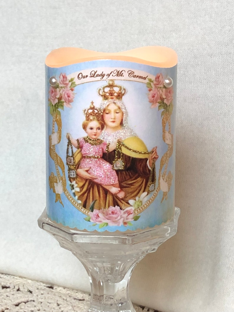 Our Lady of Mt. Carmel Flameless Votive Candle, Prayer Candle, LED