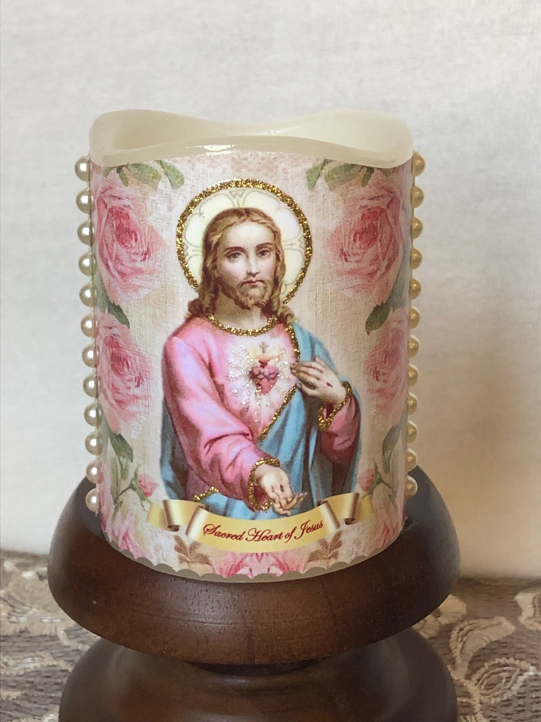Sacred Heart of Jesus Flameless Votive Candle, Prayer Candle, LED