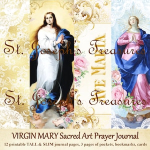 Tall Slim Virgin Mary Sacred Art Prayer Journal, Catholic Journal, Junk Journal, Virgin Mary Digital Download, Immaculate Heart, Printable