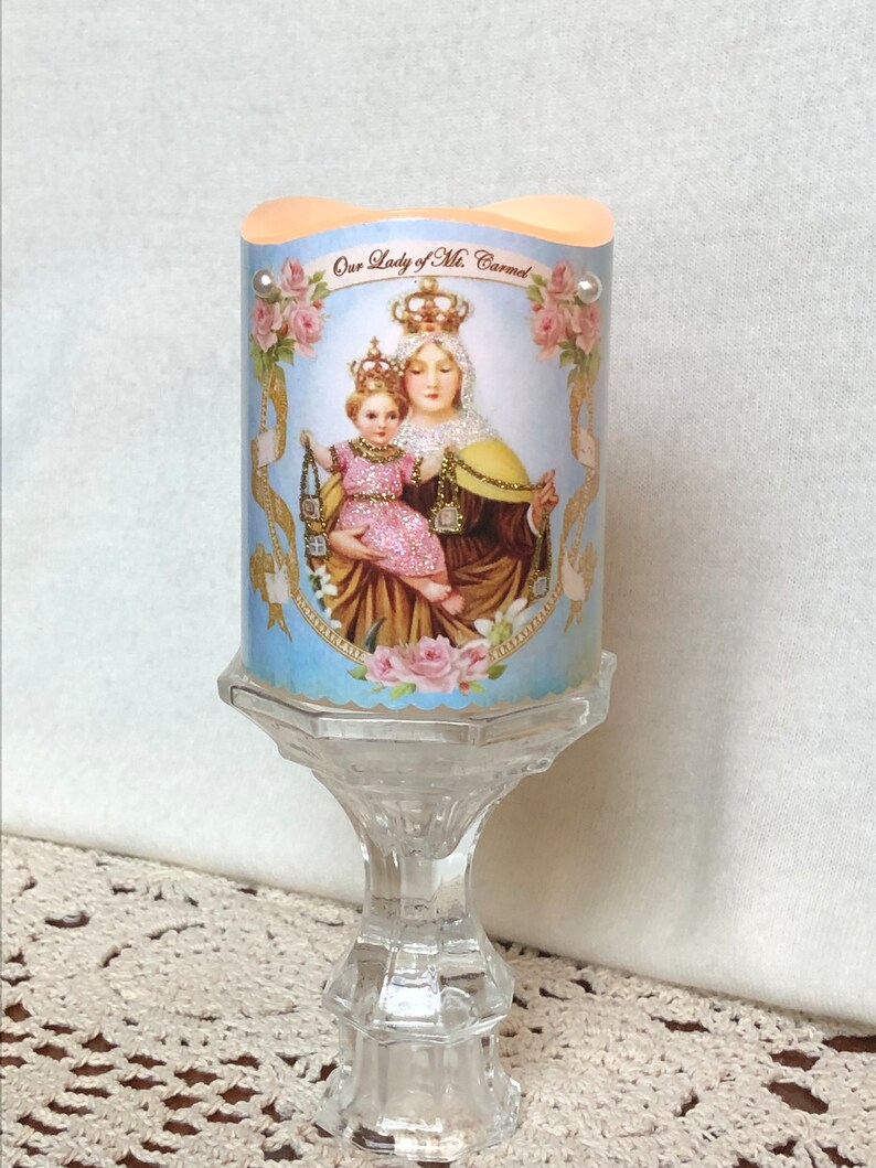 Our Lady of Mt. Carmel Flameless Votive Candle, Prayer Candle, LED